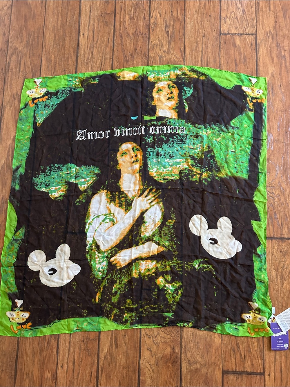 Mary Green Graphic Silk Square Scarf with 'Amor Vincit Omnia' NEW green black